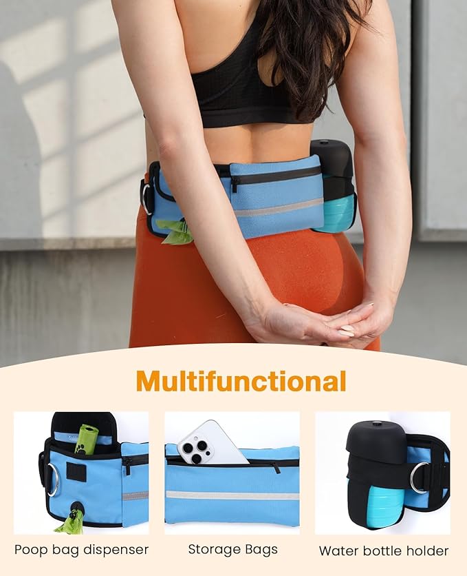 Pecute Dog Leash Hands Free with Pouch, Waist Belt Fanny Pack with Soft Pads, Dual Handles and Durable Bungee for Walking, Dog Seat Belt, Hiking, Running, Training,Blue(Up to 180lbs)