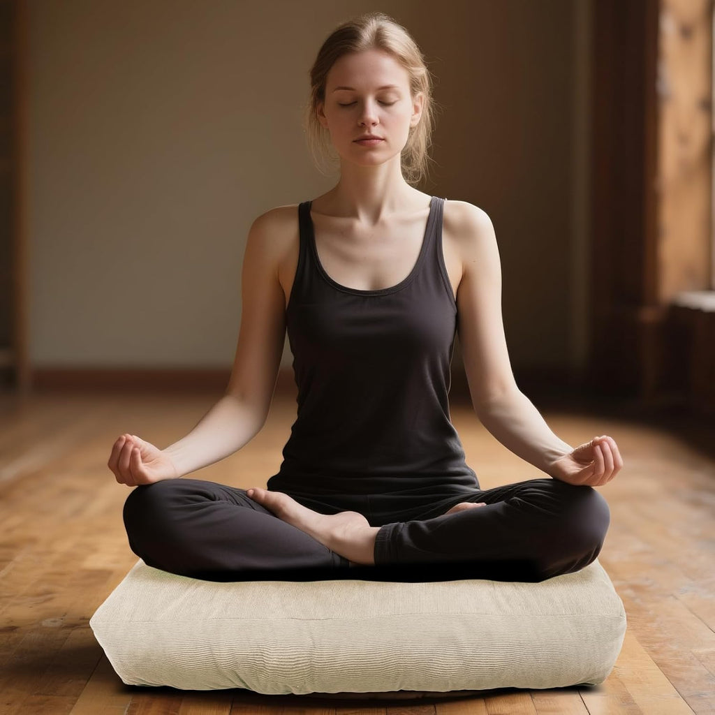 Meditation Floor Pillow Set of 2, Square Large Pillows Seating for Adults, Tufted Corduroy Cushion for Tatami Living Room, 22x22 Inch FP-Beige