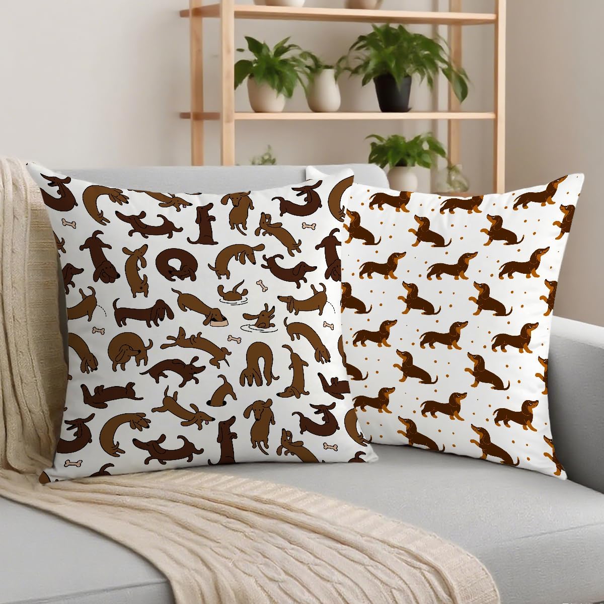 2 Pcs Cute Pet Animal Dachshund Dog Pattern Throw Pillow, Covers Linen Cushion Cover Cases Pillowcases Car Sofa Home Decor for Women Friend Sister Coworker Birthday Christmas