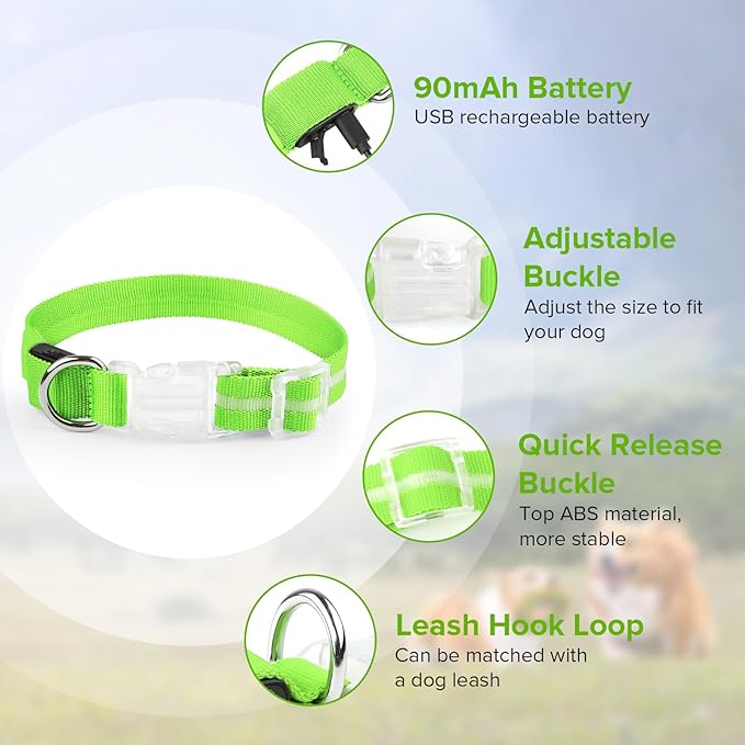 Light Up Dog Collar, Adjustable USB Rechargeable Glow in Dark Dog Collar ，Waterproof Dog Collars for Medium Dogs (Green, Medium)