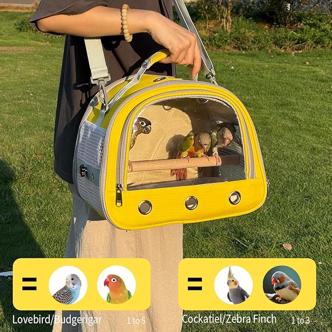 Bird Carrier,Bird Cage Parakeet Parrot Budgie Carrier Backpack for Small Birds, Travel Bird Cages with Perch, Transparent Ventilation Cockatiels, Lightweight Pet Carrier for Outdoor Use(Yellow)