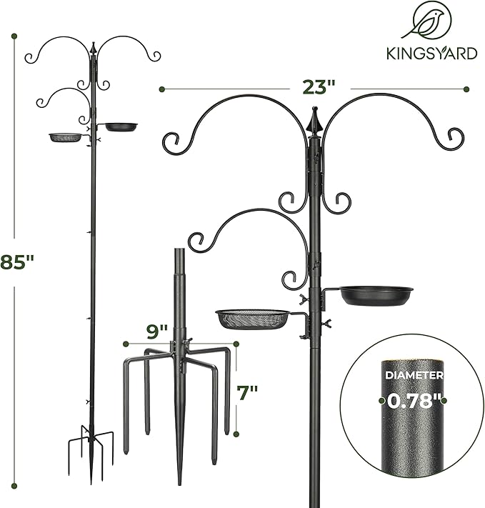 Kingsyard Bird Feeding Station Kit - 85 Inch Bird Feeder Pole with 5-Prong Base, Bird Feeder Stand for Outdoors Hanging Bird Feeders, Upgraded in Stability, Black