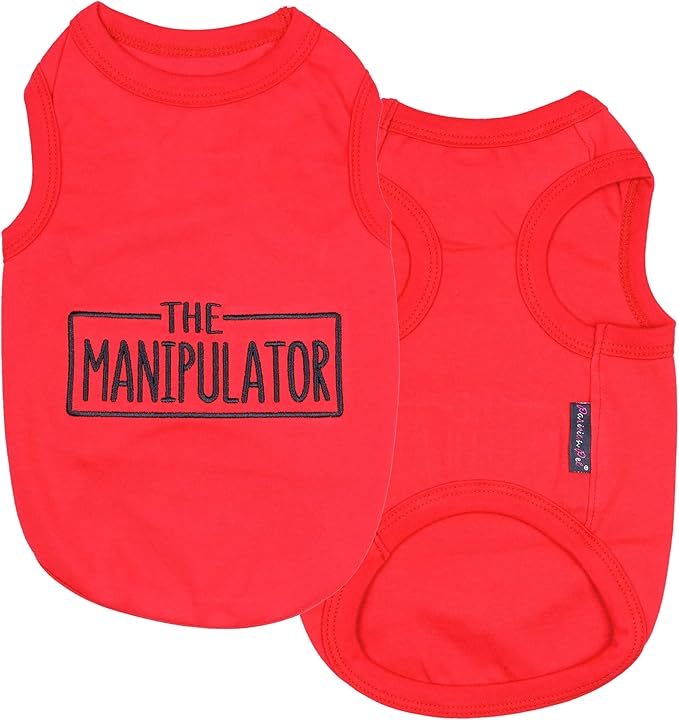 Parisian Pet Dog Tshirt - Embroidered “ Manipulator “ Tank Top - Breathable and Lightweight Dog Clothes - Sleeveless Red Tee Shirts - Machine Washable Shirt for Large Dogs - L