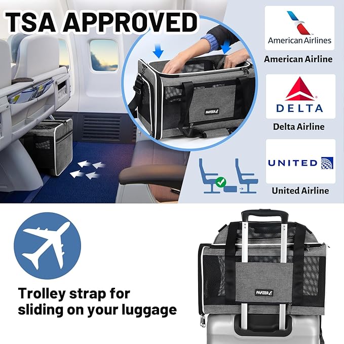 Cat Carrier Top-Expandable 18x11x11, United Delta American Airline Approved Dog Carrier, Soft-Sided Pet Carry Bag Under-Seat in Cabin, Puppy Airplane Travel Crate TSA Plane Kitten Cage Grey