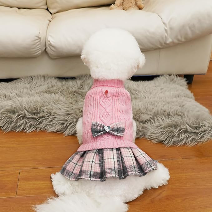 WOYYHO Girl Dog Sweater Dress with Bowtie Turtleneck Small Dogs Sweater with Leash Hole, Knitted Small Dog Sweaters Dress Puppy Winter Clothes for Yorkies Chihuahua (Large, Pink)