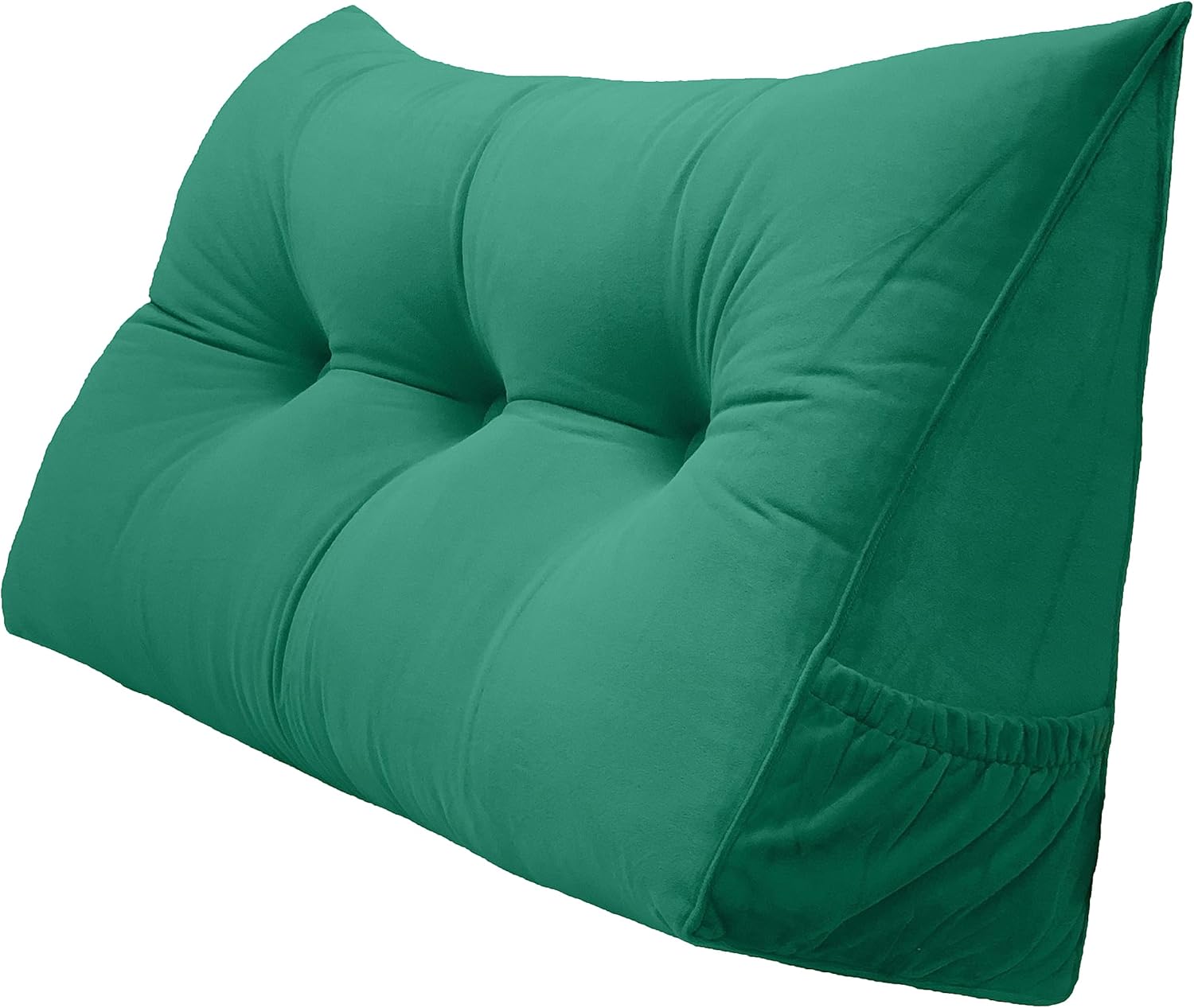 Triangular Reading Bed Rest Pillow Large Bolster Cushion Headboard Backrest Wedge Pillow with Removable Cover and Two Large Side Pockets (Green, Twin: 39 x 8 x 20 inches)