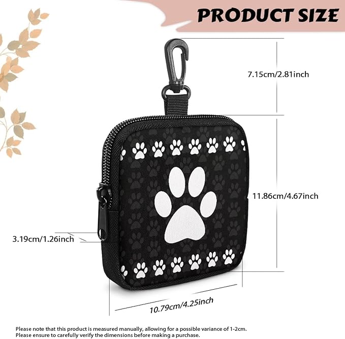 KEIAHUAN White Paw Print Dog Treat Pouch Small Training Bag Portable Dog Treat Bag with Zipper Closure and Carabiner Hands Free Pet Treat Bags Training Pouch Mini Wallet, Black
