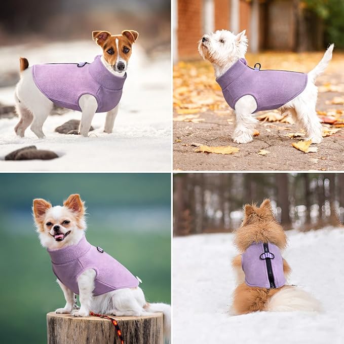 Idepet Dog Fleece Vest Sweater Zip Up Warm Pullover Dogs Jacket with D-Ring Leash Winter Cold Weater Coat Pet Sweatershirt Clothes Hoodie for Small Medium Dogs Boy Girl (Purple, XS)