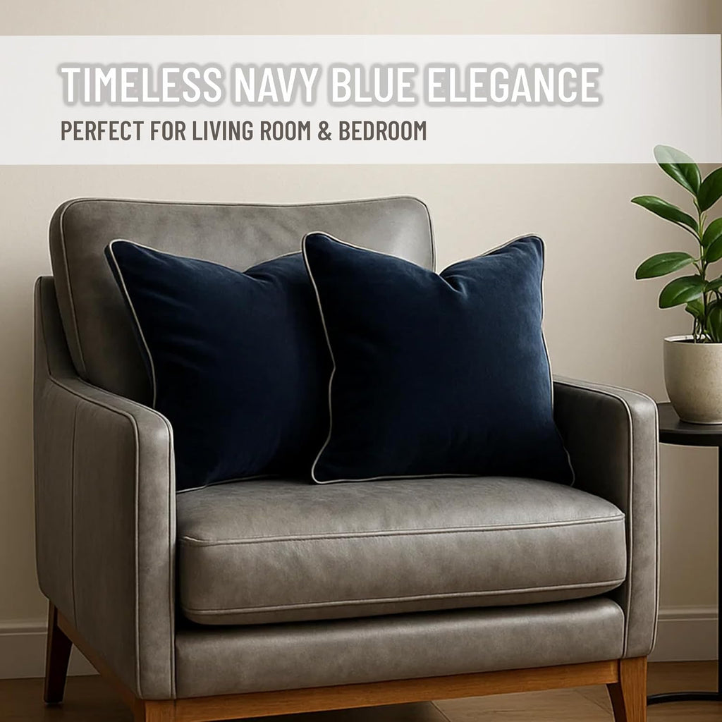 2 Pack Velvet Decorative Throw Pillow Covers, 12"x20", Navy Blue and Grey, Solid, Modern, Contrast Piping, Indoor Use, Bedroom & Living Room