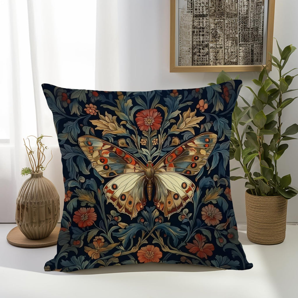 William Morris Abstract Vintage Floral Velvet Butterfly Design Throw Pillow Covers Home Decor, Retro Art Deco Pillowcase Cushion Cover for Bed Sofa Living Room, Square 18x18inch (Blue-Butterfly)