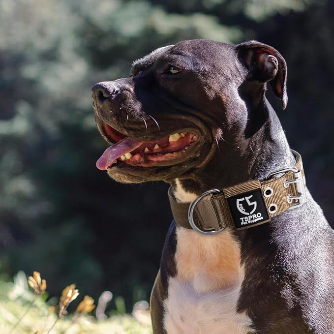 TSPRO Tactical Dog Collar, Adjustable, with Patch & Double Needle Metal Buckle, Heavy Duty for Large to Extra Large Dogs, Durable for Walking, Running, Hiking & Training (Khaki L-XL)