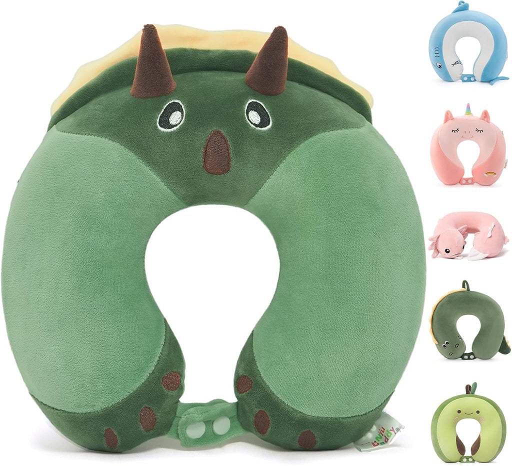 Niuniu Daddy Dinosaur Kids Travel Neck Pillow Road Trip Essentials for 3-8 Years Old, Memory Foam Dino Portable Pillow for Airplane Travel Essentials, Green Triceratops Cervical Pillow for Boys Girls