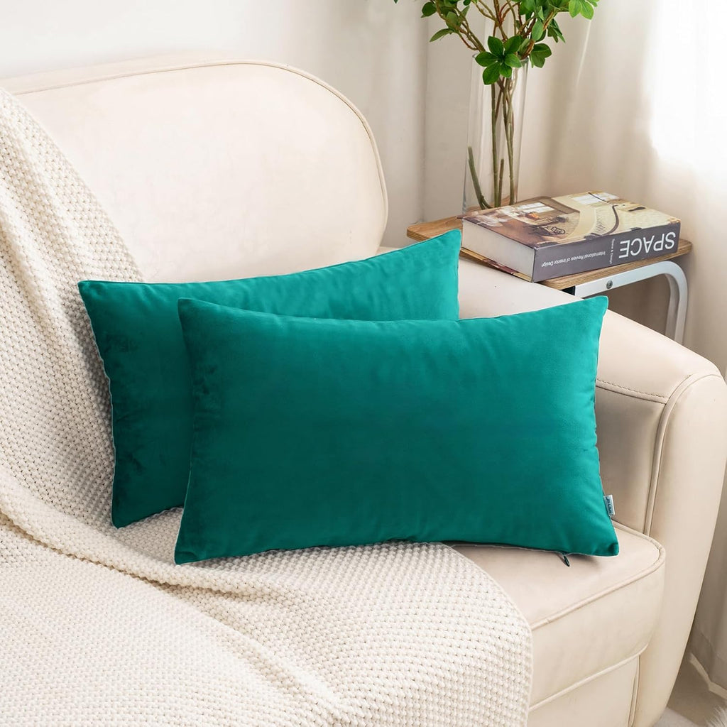 HWY 50 Teal Velvet Rectangular Throw Pillow Covers 12x20 Inch, Pack of 2 Soft Cozy Solid Decorative Luxury Cushion Cases for Couch Sofa Bed Living Room Bedroom