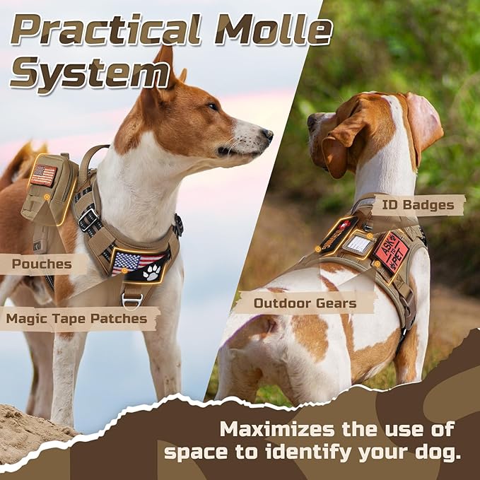 rabbitgoo Tactical Dog Harness for Large Dogs, No Pull Military Service Vest with Handle & Molle, Easy Control for Training Walking, Adjustable Reflective Straps, Brown, XL