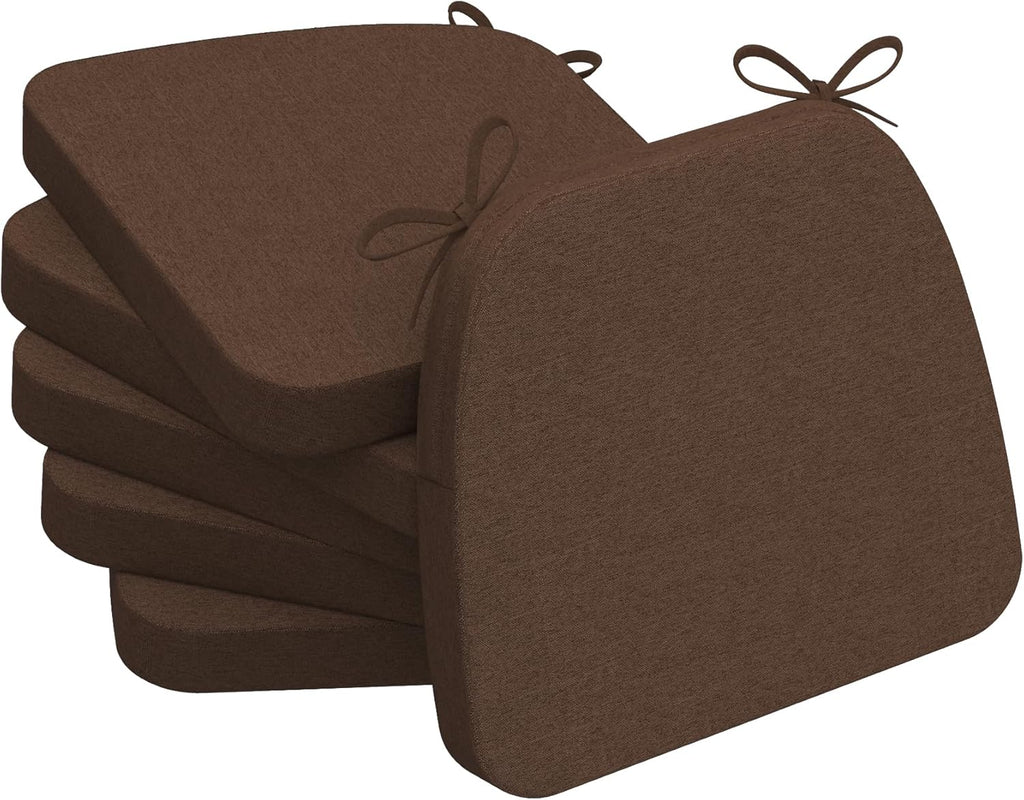 AAAAAcessories D-Shaped Chair Cushions, 2" Thick Dining Chair Pads with Ties and Removable, Machine-Washable Cover, 17" x 16", Set of 6, Brown