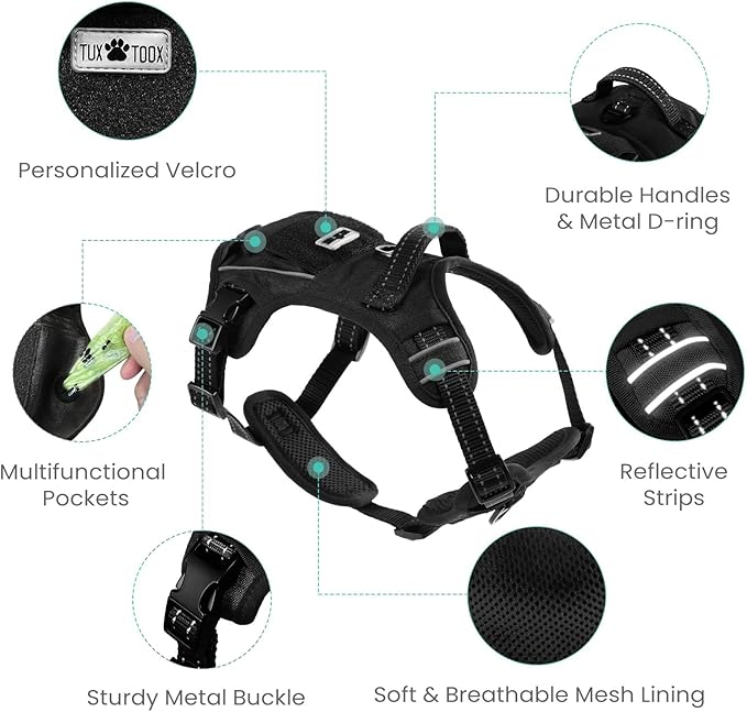 No Pull Dog Harness Medium Sized Dog for Service, Easy Walk, Training - Adjustable Reflective Dog Vest with Handle Easy Control - No Choke Metal Buckled Pet Harnesses (Black, Large)