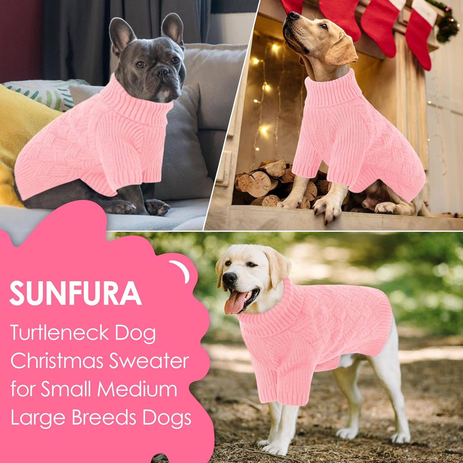 SUNFURA Dog Sweater, Christmas Sweaters for Large Dogs, Solid Color Dog Pullover for Fall Winter, Warm Sweatshirt Knit Turtleneck for Corgi, French Bulldog, Pink L