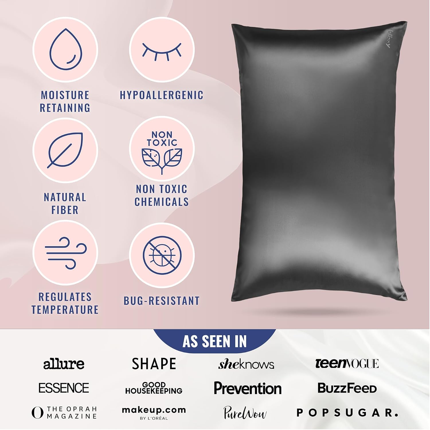 Blissy Silk Pillowcase - 100% Pure Mulberry Silk - 22 Momme 6A High-Grade Fibers - Silk Pillow Cover for Hair & Skin - Regular, Queen & King (Gray, King)