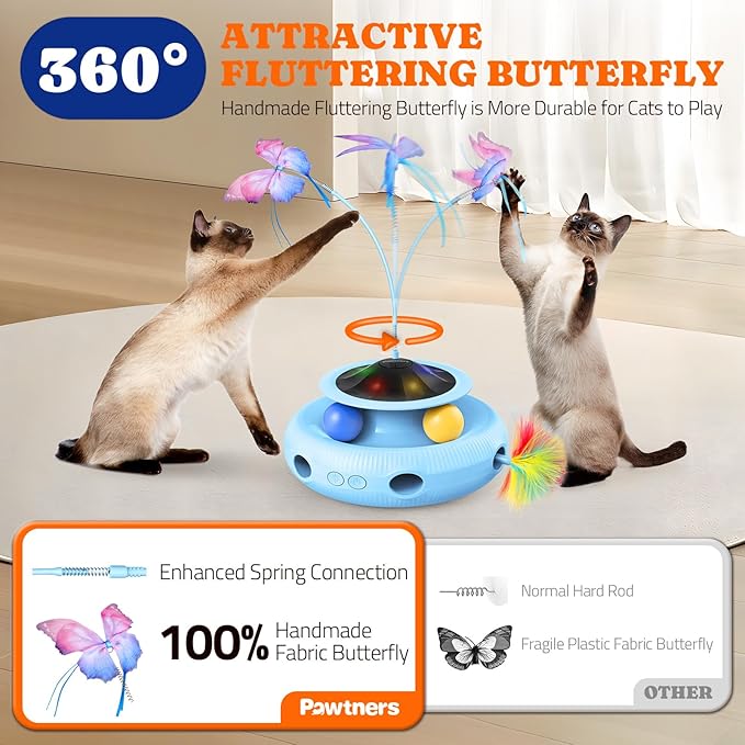 Interactive Cat Toy 3 in 1 Automatic Cat Toy for Indoor Cats, Electric Kitten Toy with Rechargeable Battery, Self Play Kitty Toys with Rotating Fluttering Butterfly,Track Ball and Ambush Feather,Blue
