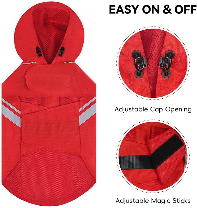 VIVAGLORY Wetoff Dog Raincoat, Rain Coat for Dog All Seasons Adventure, Rain Jacket with Harness Hole & Hood, Reflective Lightweight Waterproof for Doggy & Puppy, M, Red