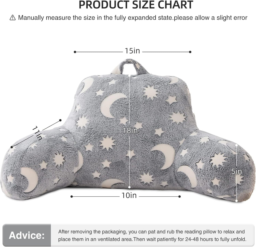 Meeting Story Glow in The Dark Star Moon Luminous Reading Pillows Sparkling with Arms Back Pillow for Bed, Bed Rest Pillow for Adults Teens, Kids, (Grey)
