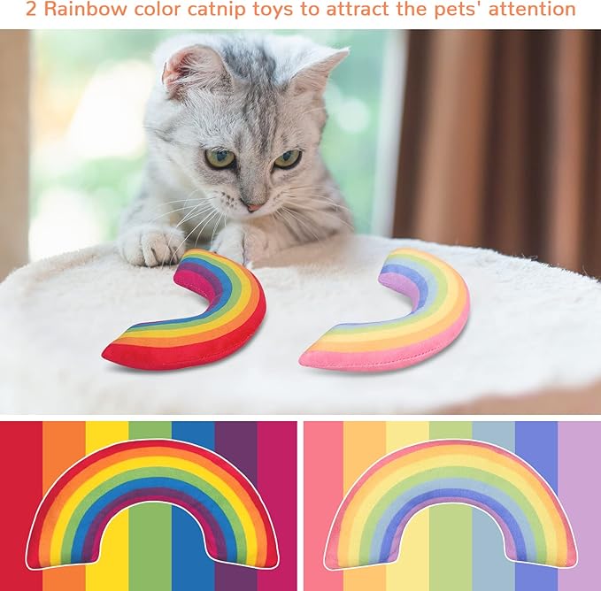 Cat Toys Rainbow Pillows, Catnip Toys for Indoor Cats Kitten, Soft and Durable, Interactive Cat Nip Chew Teeth Toy Kitty Kicker Toys 2 Pack