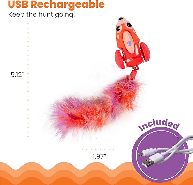 Catstages Racin' Squirrel Robot, Electronic Moving Cat Toy with Feathers, USB Rechargeable, Red