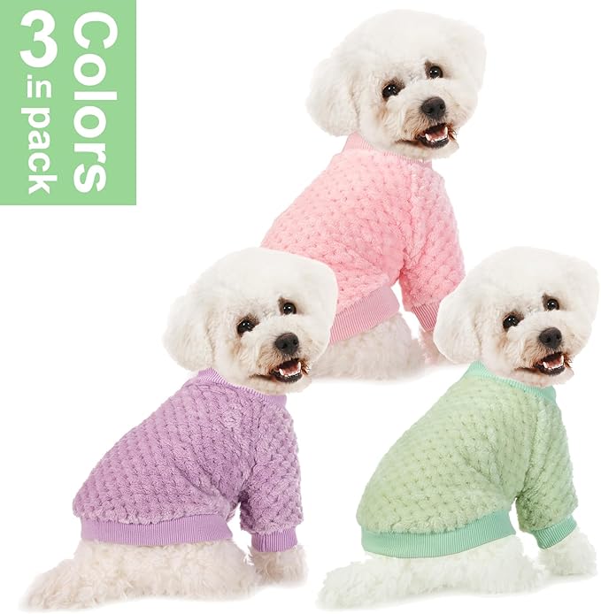 Dog Sweater, 3 Pack Dog Sweaters for Small Medium Dogs or Cat, Warm Soft Flannel Pet Clothes for Dogs Girl or Boy, Dog Shirt Coat Jacket (Small, Pink+Purple+Light Green)