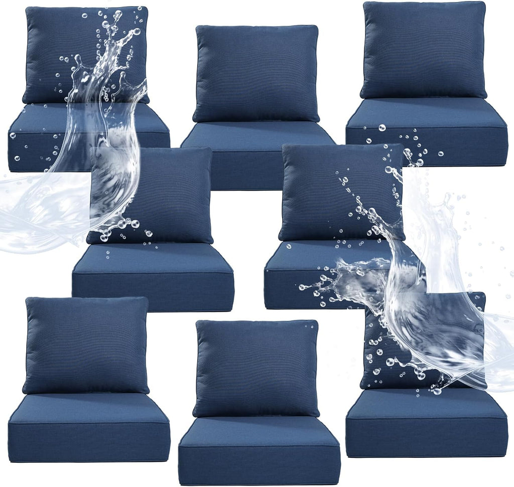6" Thicker Outdoor Chair Cushion 8 Sets - 24" *24" *6" Waterproof Patio Furniture Cushions with Removable Cover, 28D High Density Sponge Filling Thicken Outdoor Patio Cushions - Blue