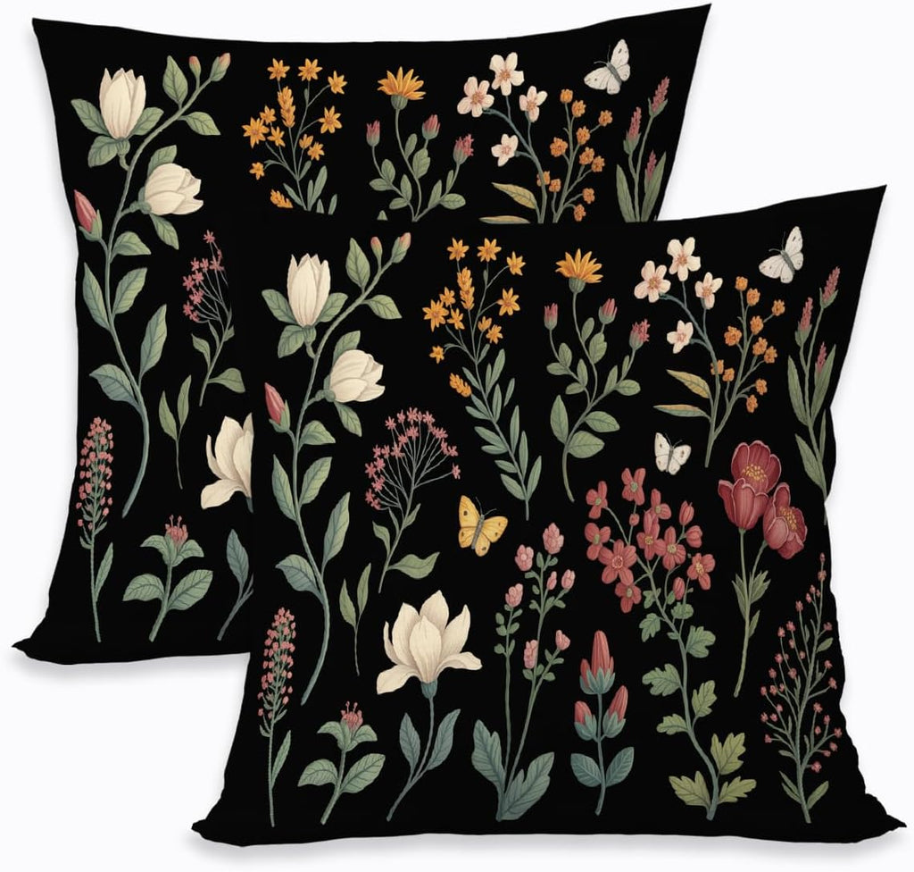 2 Pcs Spring Floral Pillow Covers, Black Botanical Wildflower Herbs Throw Pillow Covers, Summer Flower Plant Decorative Pillowcase Farmhouse Linen Square Cushion Case for Women Friend Sister