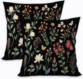 2 Pcs Spring Floral Pillow Covers, Black Botanical Wildflower Herbs Throw Pillow Covers, Summer Flower Plant Decorative Pillowcase Farmhouse Linen Square Cushion Case for Women Friend Sister