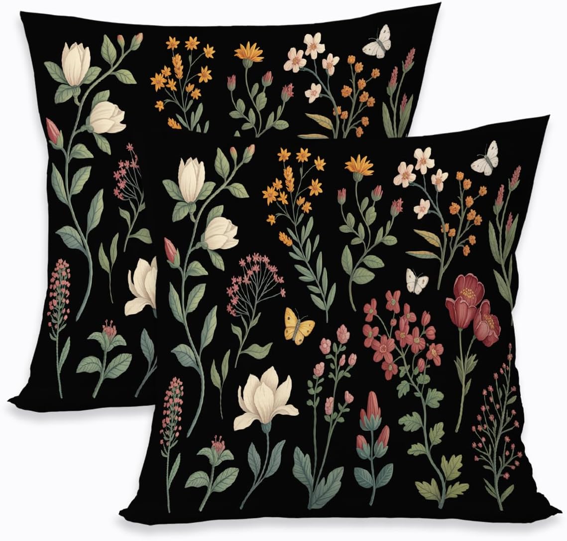 2 Pcs Spring Floral Pillow Covers, Black Botanical Wildflower Herbs Throw Pillow Covers, Summer Flower Plant Decorative Pillowcase Farmhouse Linen Square Cushion Case for Women Friend Sister