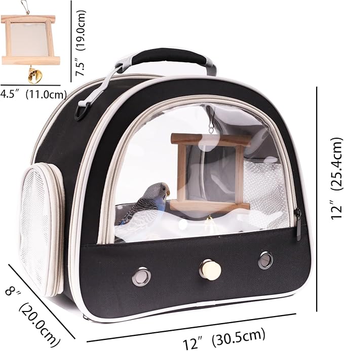 Parrot Travel Cage Carrier with Bird Cage Bells Mirror Set,Portable Small Bird Parakeet Bag with Standing Perch and Comfy Mat Bird Carry Transport Bag with Clear Window Outdoor Adventure