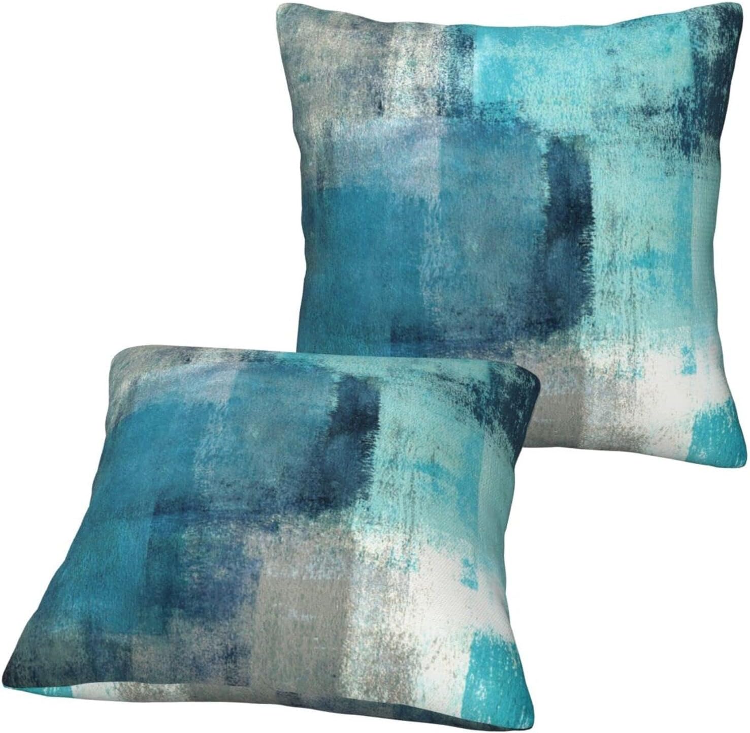 bassyil Teal Grey Abstract Art Painting Throw Pillow Covers Decorative Linen Pillow Cases Set of 2 Square Cushion Cover for Couch Sofa Bedroom 18x18 Inch