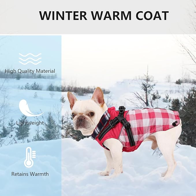 Dog Coat with Harness,Small Dog Winter Coat,Doggie Jackets with Built in Harness,Adjustable Warm Jacket for Medium Large Dogs,Pet Puppy Cold Weather Coats for Dogs Waterproof (PlaidPink, Small)