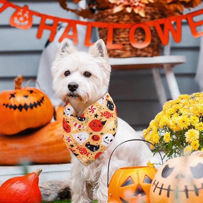 Kigeli 100 Pack Halloween Dog Bandanas Adjustable Triangle Bibs Scarf Ghost Halloween Pumpkin Spider Web Pet Bandanas Costumes Holiday Accessories for Large Medium Small Dog Puppy Cat(Small)
