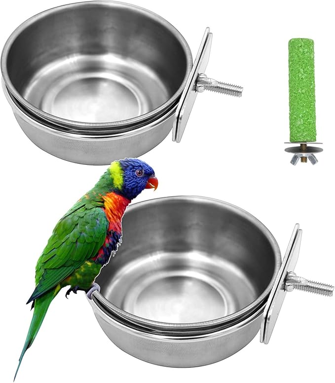 2 Pack Birds Food Dish Parrot Stainless Steel Feeding Cups Bird Feeders Water Cage Bowls with Clamp Holder and 1 Pcs Bird Stand Toy for Parakeet Conure Cockatiels Lovebird Budgie Chinchilla (2 Pack)