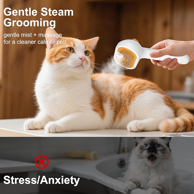 Pet Steam Brush for Dog & Cat - 3-in-1 Steam Grooming Brush for Shedding & Hair Removal - Self Cleaning Spray Comb with Mist for Long Haired Pets - Includes 1*Waterless Shampoo, Yellow