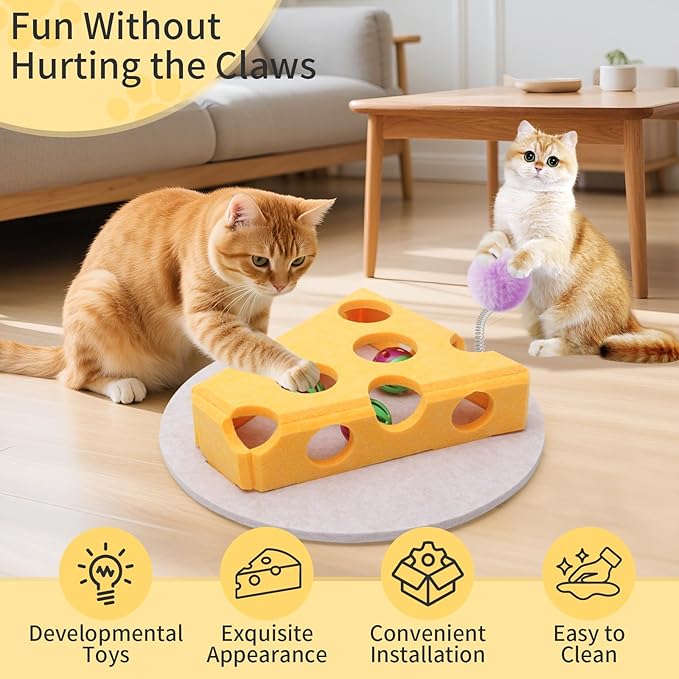 Interactive Felt Cat Toy Box for Indoor Cats,Puzzle Toy with 3 bell Balls & Spring Teaser Pet Games Self Play Fun Exercise Hide Seek Moving Cat Toy for Bored Cats Encourages Hunting Instincts (Yellow)