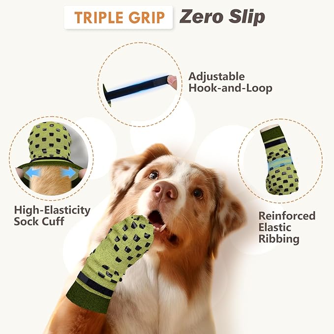 Non Slip Dog Socks to Prevent Licking Paws Grippy Socks for Senior Dog on Hardwood Floors Anti Slip Dog Socks for Christmas Holiday Double Side Paw Protector Prevent Scratching Green L