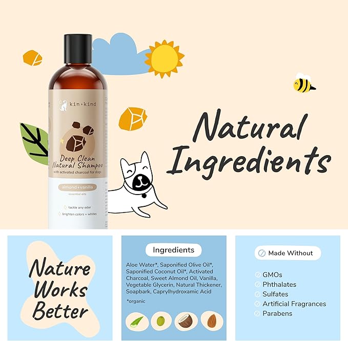 kin+kind Dog Shampoo - Deep Clean, Dirt & Odor Remover w/Activated Charcoal for Dogs, Gentle Formula w/Natural Aloe, Olive Oil & Coconut Oil, Pet Care & Grooming Products, Almond & Vanilla, 12 fl oz
