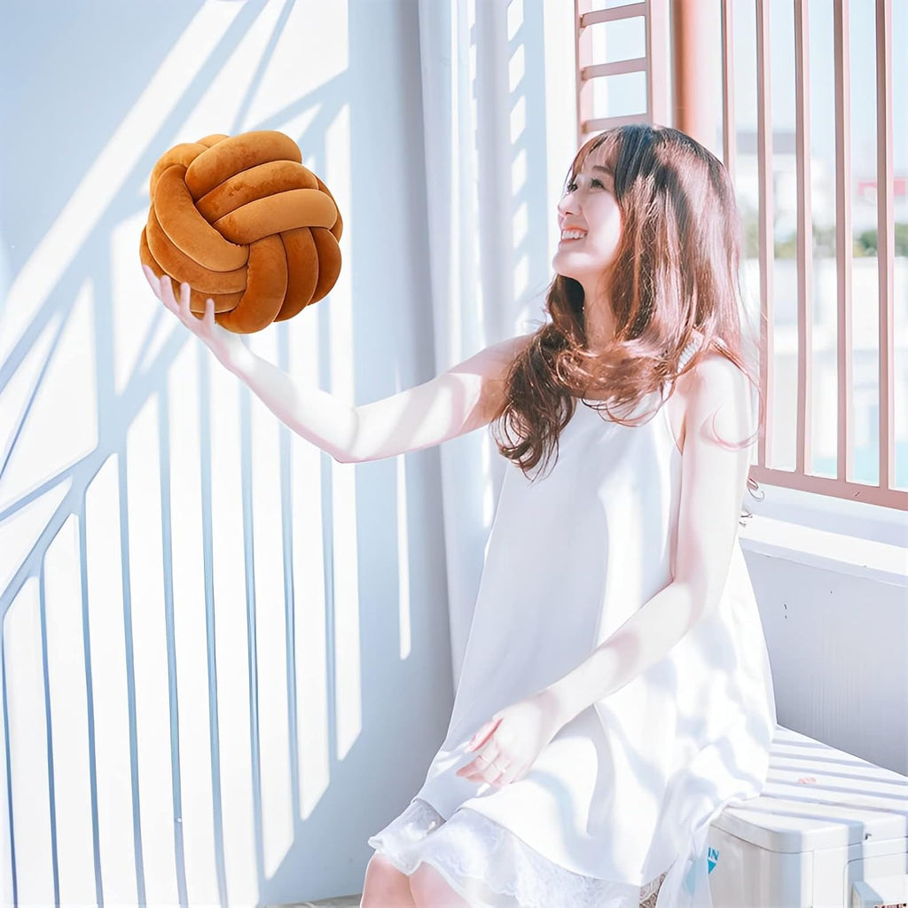 Knot Ball Pillows, Round Throw Pillow Cushion Home Decoration Soft Plush Pillow, Throw Knotted Ball Pillow Handmade Children Room Decoration Round Plush Toy Pillow (Caramel,8.5"/22cm)