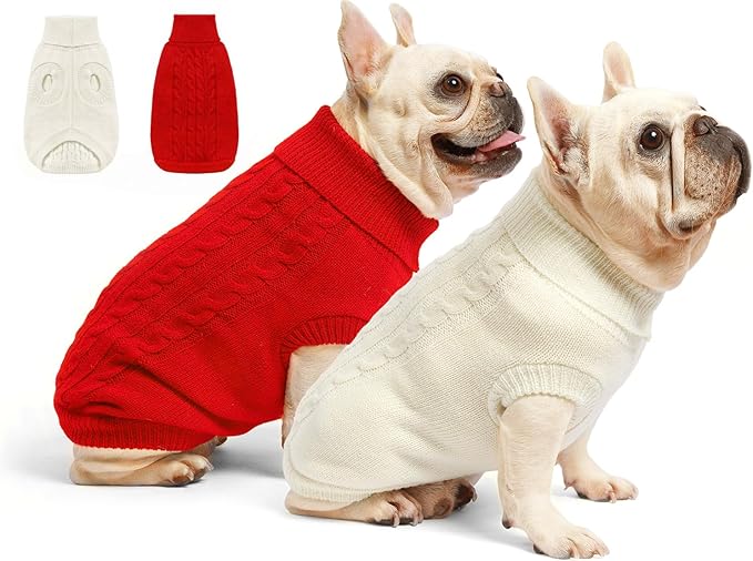 2 Pack Dog Sweaters for Small Dogs - Puppy Medium/Large Warm Clothes in Winter, Turtleneck Pullover Design for Boy Girl Pet, Doggie, Cat, Kitten Chihuahua Bulldog Pug Beagles (XL, Red, Beige)