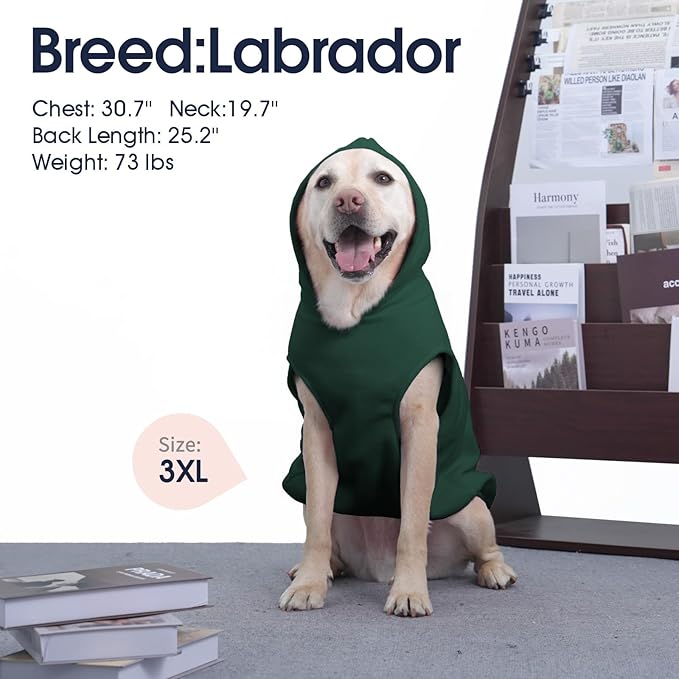 IECOii XL Dog Sweater & Pullover Hoodie for Large Dogs, Warm Fleece Layer with Hood for Cold Weather, Boys & Girls, Green, Size XL