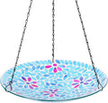 MUMTOP Mosaic Hanging Bird Bath-Bird Baths for Outdoors - 12 Inch Glass Bird Water Bowl Bird Feeders for Outside, Garden, Lawn Yard Decor（Blue）