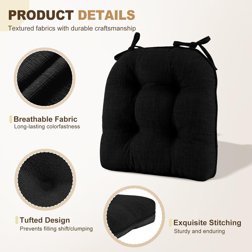 downluxe Indoor Chair Cushions for Dining Chairs, Tufted Overstuffed Textured Foam Kitchen Chair Pads with Ties and Non-Slip Backing, 15.5" x 15.5" x 4", Black, 6 Pack