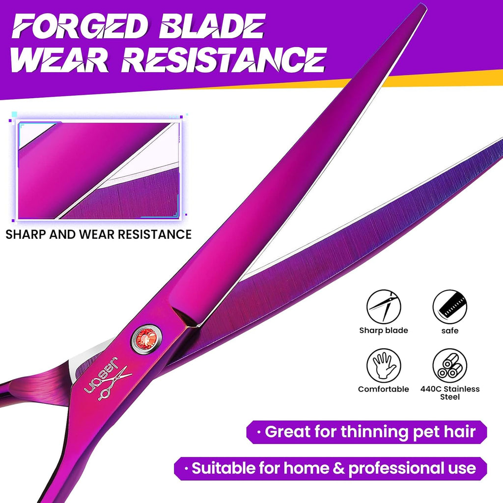 JASON Curved Shears for Dogs - 7.5" Pet Grooming Scissors with Ergonomic Handle Japanese Stainless Steel Trimming Scissor for Dogs, Cats and Other Pets, Sharp (Up-Curved, Purple)