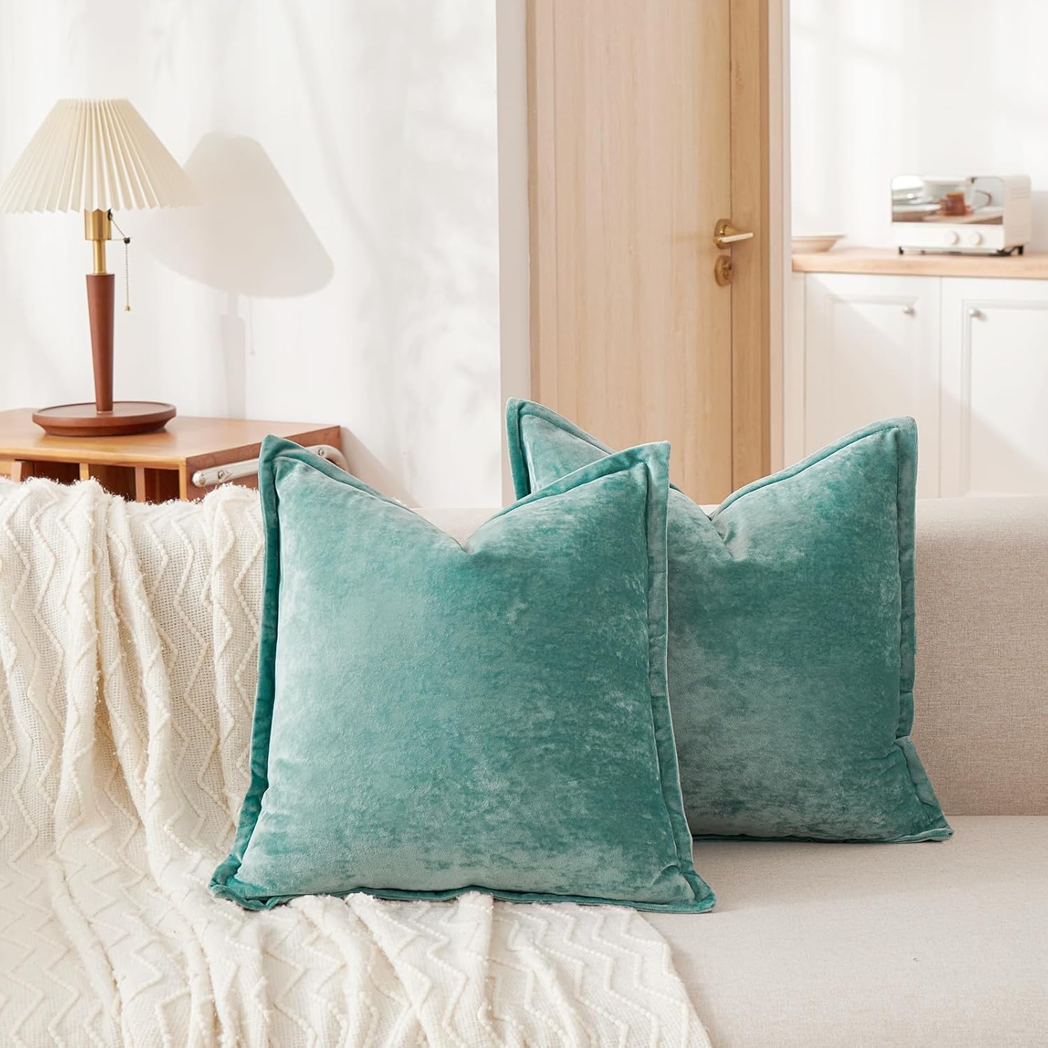 Luxurious Velvet Euro Shams Decorative Throw Pillow Covers 26x26 Set of 2 Solid Square Euro Pillow Shams for Sofa Couch Bedroom, Aqua Green