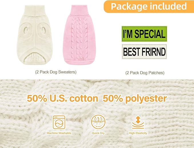 2 Pack Dog Sweaters for Small Dogs - Puppy Medium/Large Warm Clothes in Winter, Turtleneck Pullover Design for Boy Girl Pet, Doggie, Cat, Kitten Chihuahua Bulldog Pug Beagles (XL, Pink, Beige)