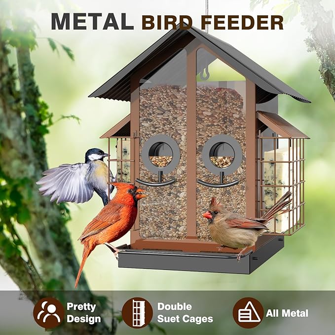 Bird Feeders for Outdoors, Metal Bird Feeder with Double Suet Cage Weatherproof Metal Roof, 2 in 1 Mixed Seeds Suet Feeder, 4Lbs Large Capacity, Great for Finch、Cardinal、Chickadee（Brown）